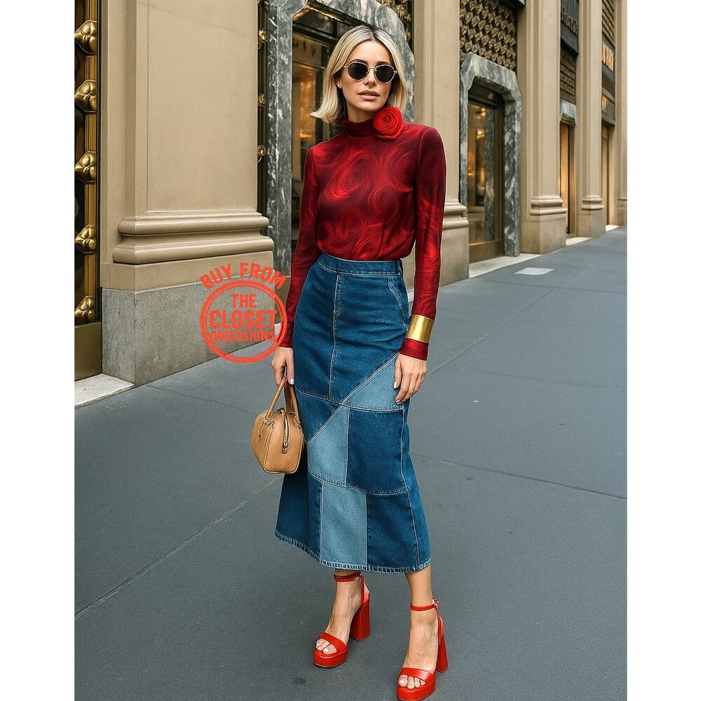 MANGO Patchwork Denim Midi Skirt NWT | Blue Cotton A-Line - Picture 2 of 16